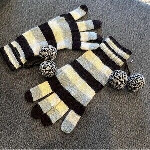 Ben Sherman Striped Wool Knit Gloves with Pom Poms